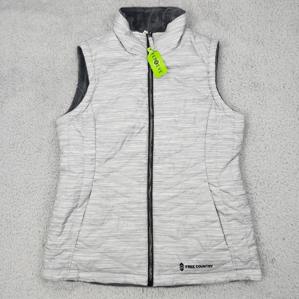 Free Country Vest Womens Small Gray Reversible Faux Fur Lined Quilted Full Zip